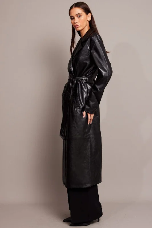 Black Trench Coat Long Sleeves Faux Leather