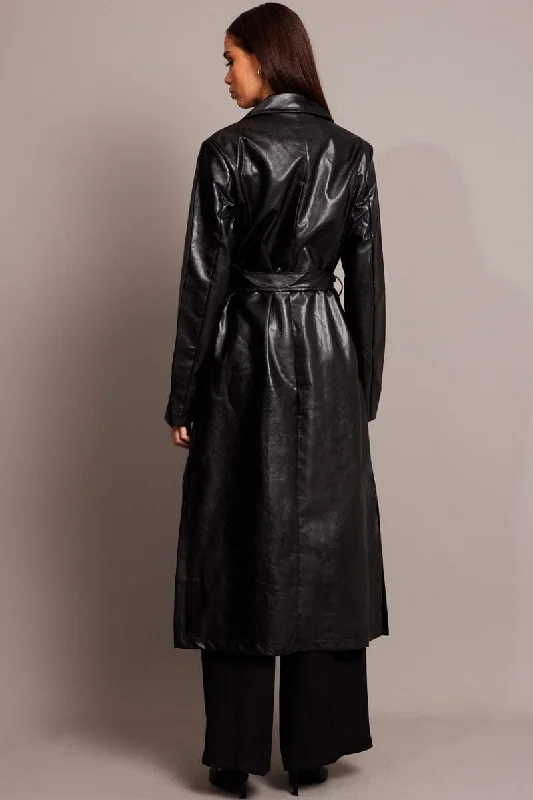 Black Trench Coat Long Sleeves Faux Leather