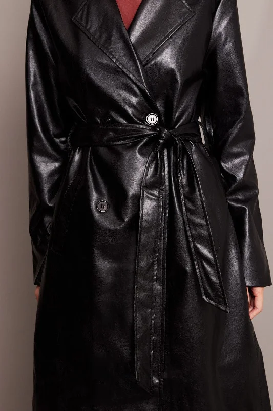 Black Trench Coat Long Sleeves Faux Leather