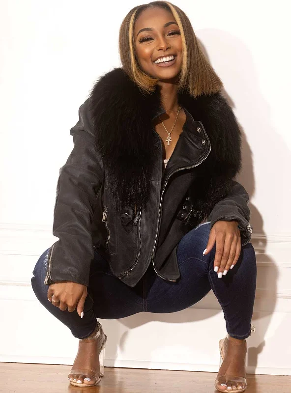 Shearling Leather Moto Jacket with Raccoon Fur Collar