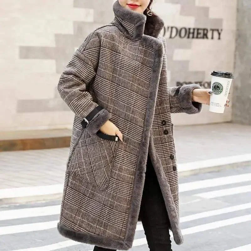 Korean temperament plus velvet thick mid-length woolen coat