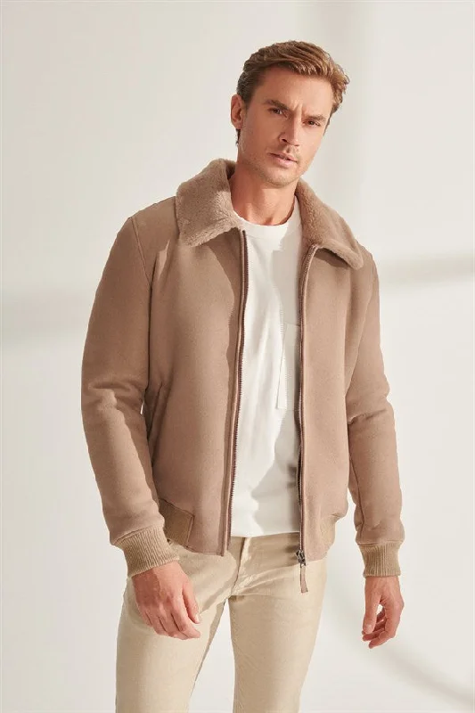 Mens Beige Sports Shearling Leather Jacket