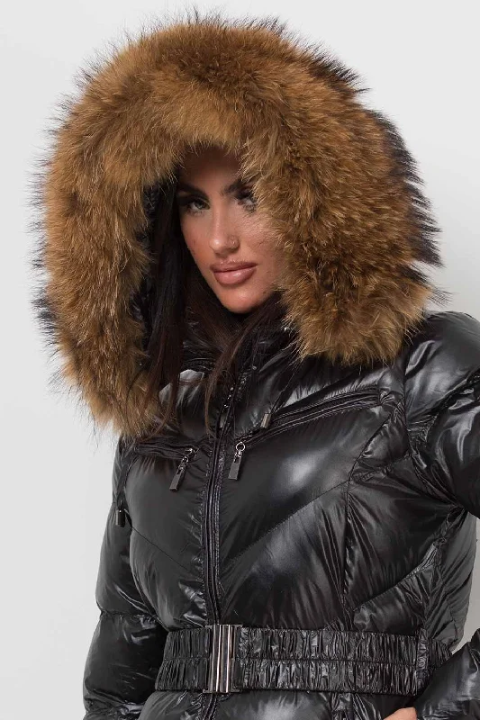 Real Fur Hood Puffer Jacket With Belt Black