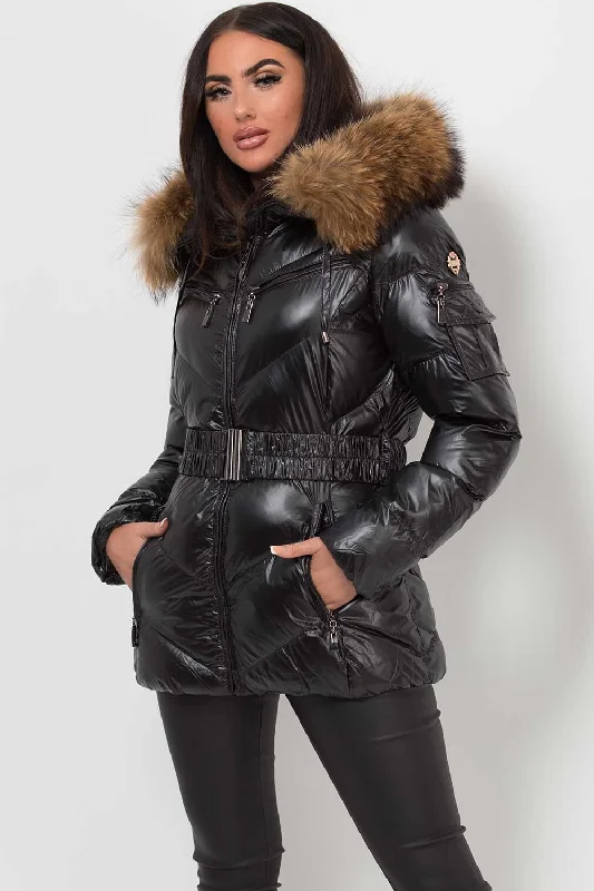 Real Fur Hood Puffer Jacket With Belt Black