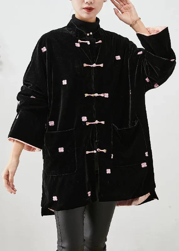 Unique Black Embroideried Chinese Button Silk Velour Coats Winter