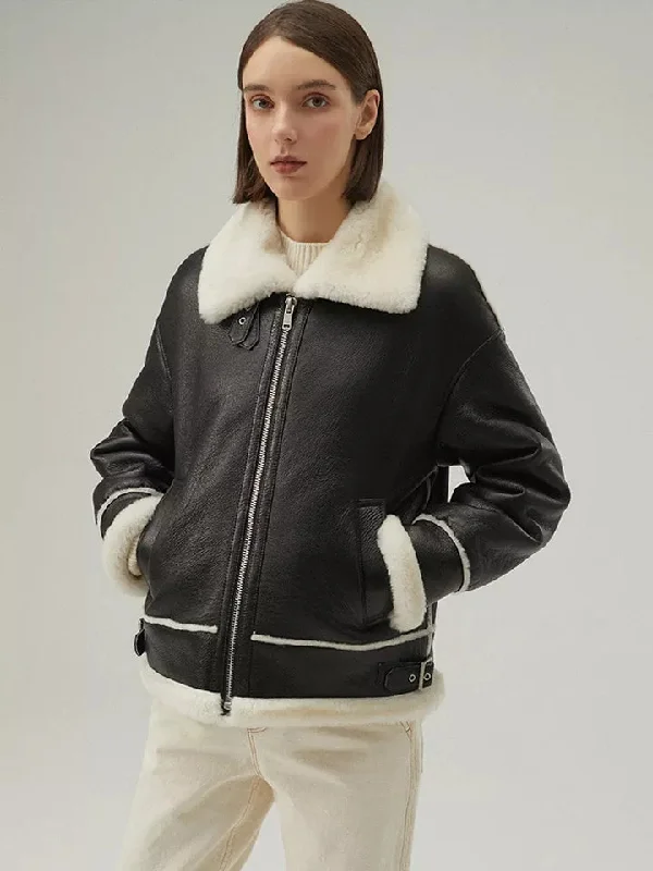 Women’s Black Leather White Shearling Collar Fur Jacket