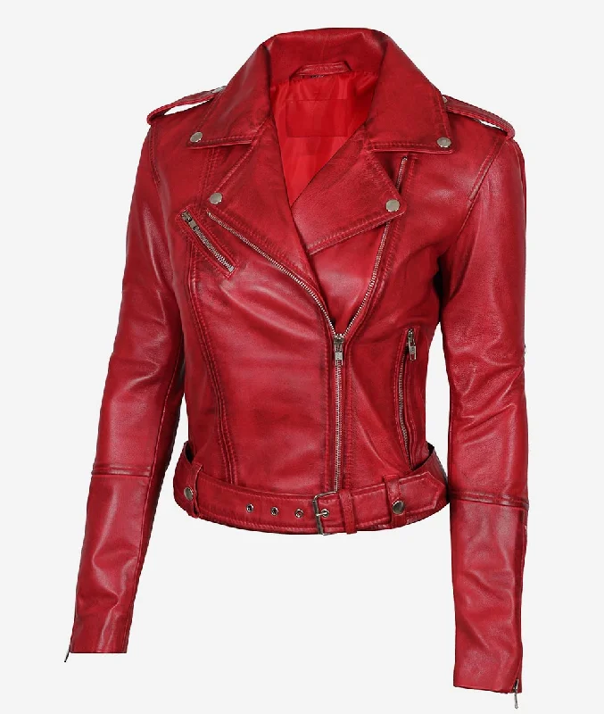 Womens Asymmetrical Leather Red Biker Jacket