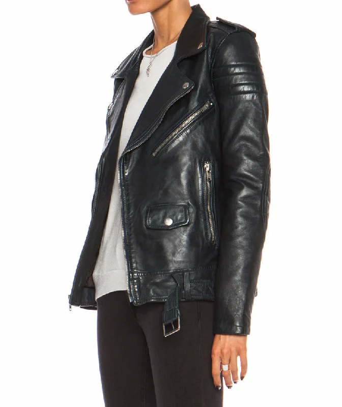 WOMENS REAL LEATHER CASUAL BLACK BRANDO DESIGNER JACKET