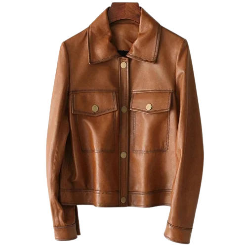 Womens Reese Front Pocket Brown Genuine Lambskin Leather Jacket