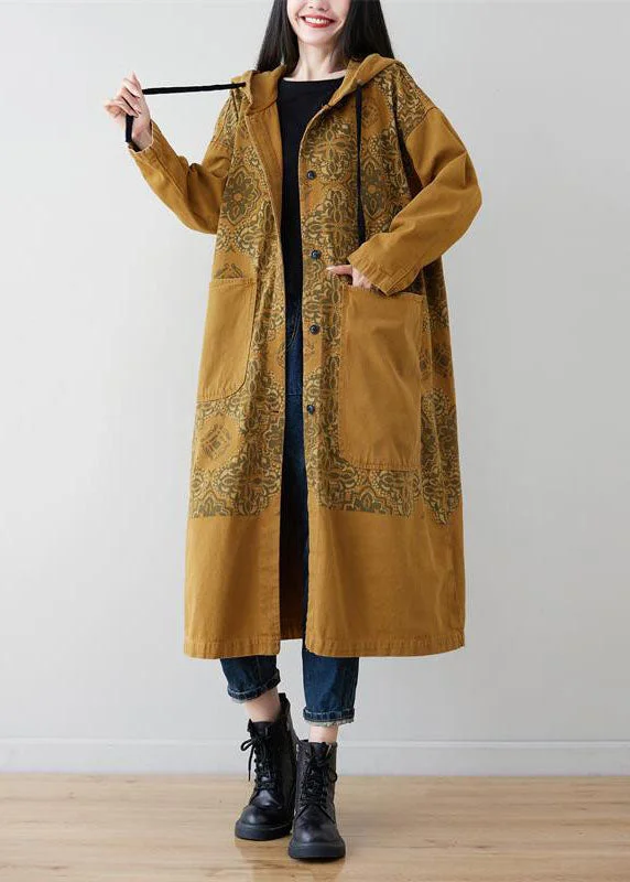 Yellow Pockets Patchwork Print Denim Hooded Long Coat Spring