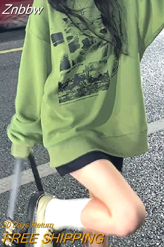 Znbbw Korean Style Print Green Hoodie Women Oversize Sweatshirt Female Harajuku Fashion Long Sleeve Pullover O-neck Tracksuit