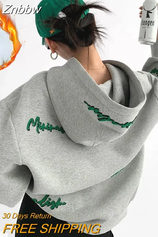 Znbbw Vintage Gray Oversize Hoodies Women Harajuku Hip Hop Embroidery Loose Sweatshirts Long Sleeve Casual Tops Grunge Korean