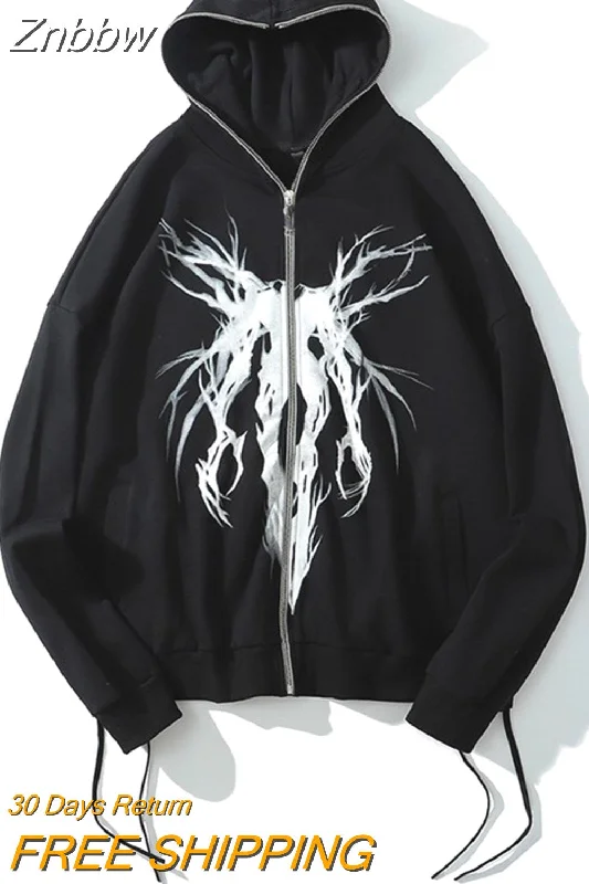 Znbbw Zip Hoodies Rhinestone Spider Print Oversized Goth Hoodie Men's Harajuku Punk Grunge Sweatshirt Jacket Y2k Hip Hop Jacket