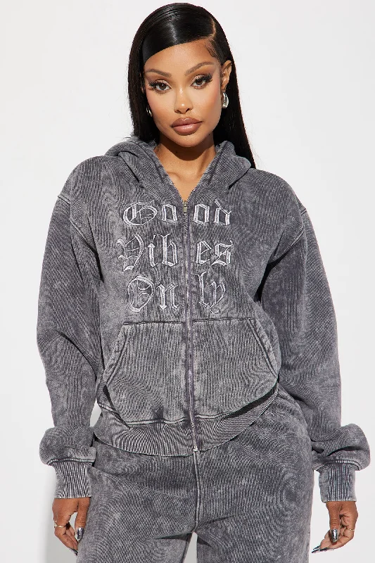 Good Vibes Washed Zip Front Hoodie - Grey/combo