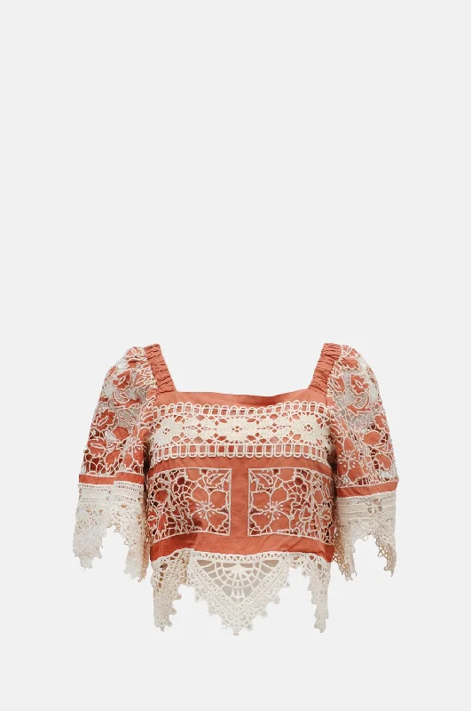 Joah Embroidery Tie Back Top Brick