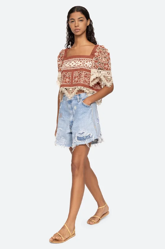 Joah Embroidery Tie Back Top Brick