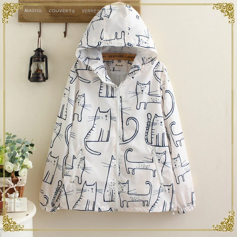 Cat graffiti loose short jacket female hooded coat YV279